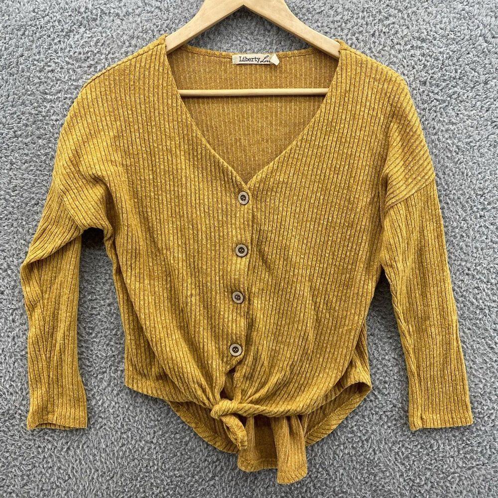 Liberty Love Womens Yellow Sweater Size S Tie Front  Button Cardigan Long Sleeve